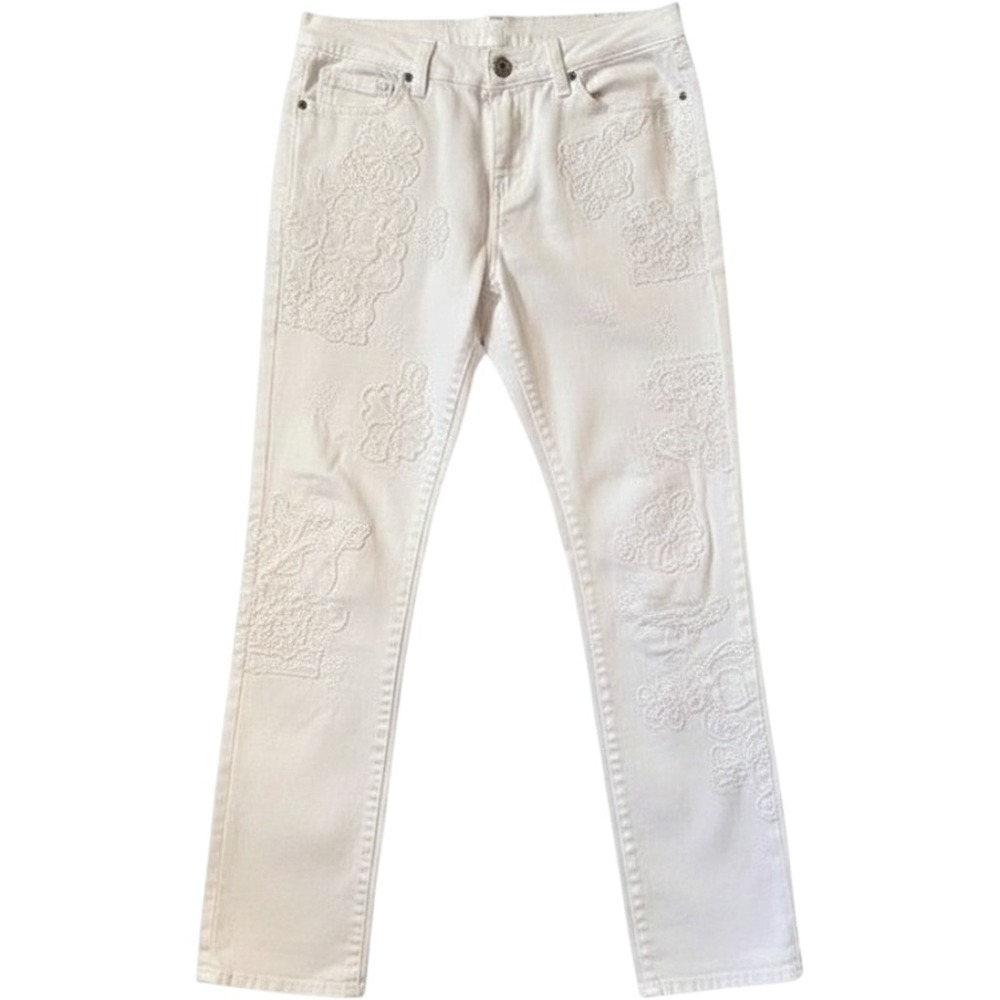 Desigual‎ White Lace Embroidered Slim Jeans 28 White Floral Boho Art to Wear
